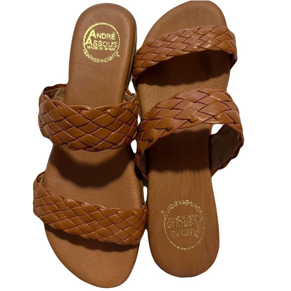 featherweight braided leather slip on low heel sandals by Andre Assous